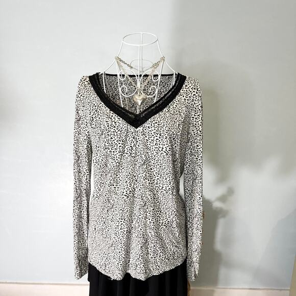 vintage y2k cheetah print lace lined v- neck tight layering long sleeve top - Picture 4 of 7